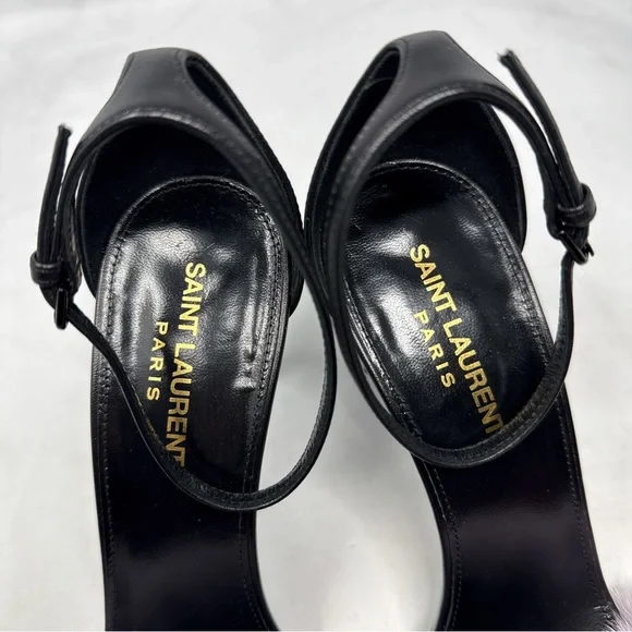 Saint Laurent Bea Mink Fur Leather Square Toe Ankle Strap Stiletto Sandal Heels - Picture 7 of 16